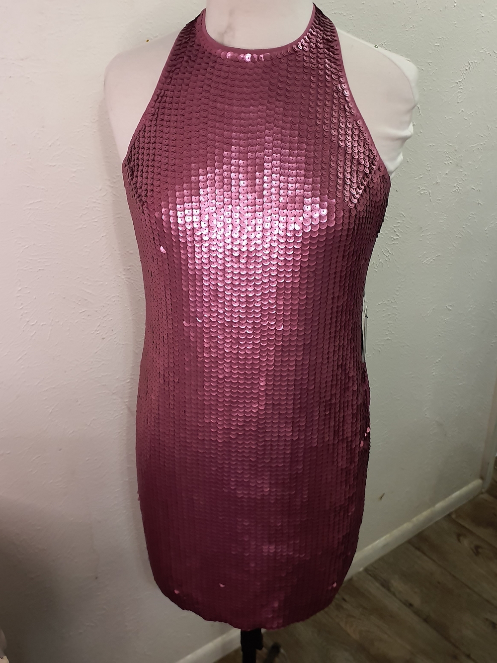 Express Sequin Halter Mini Dress - Rose Pink